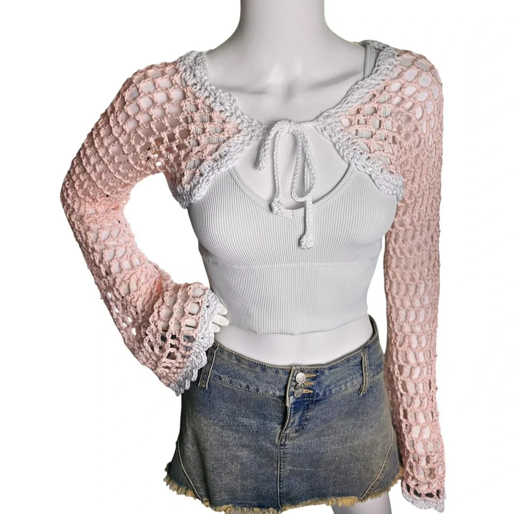 Handmade‎ Crochet Bell Sleeve Front Tie Summer Cardigan, Festival Bohemian Shrug
